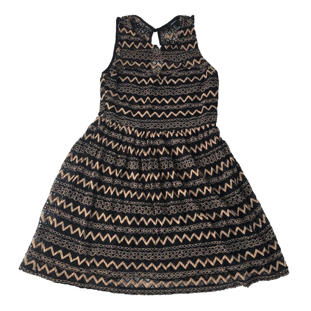 Forever 21 Juniors Sleeveless Black Gold Zig Zag Crochet/Lace Mini Dress Small